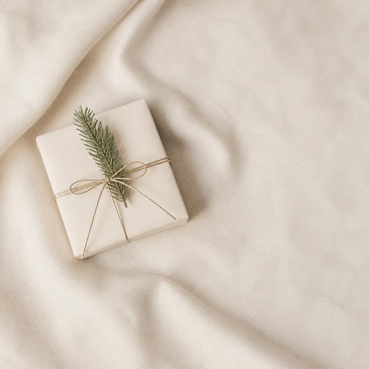 Schlicht in cremefarbenes Papier verpacktes Geschenk mit Goldkordel und Tannenzweig